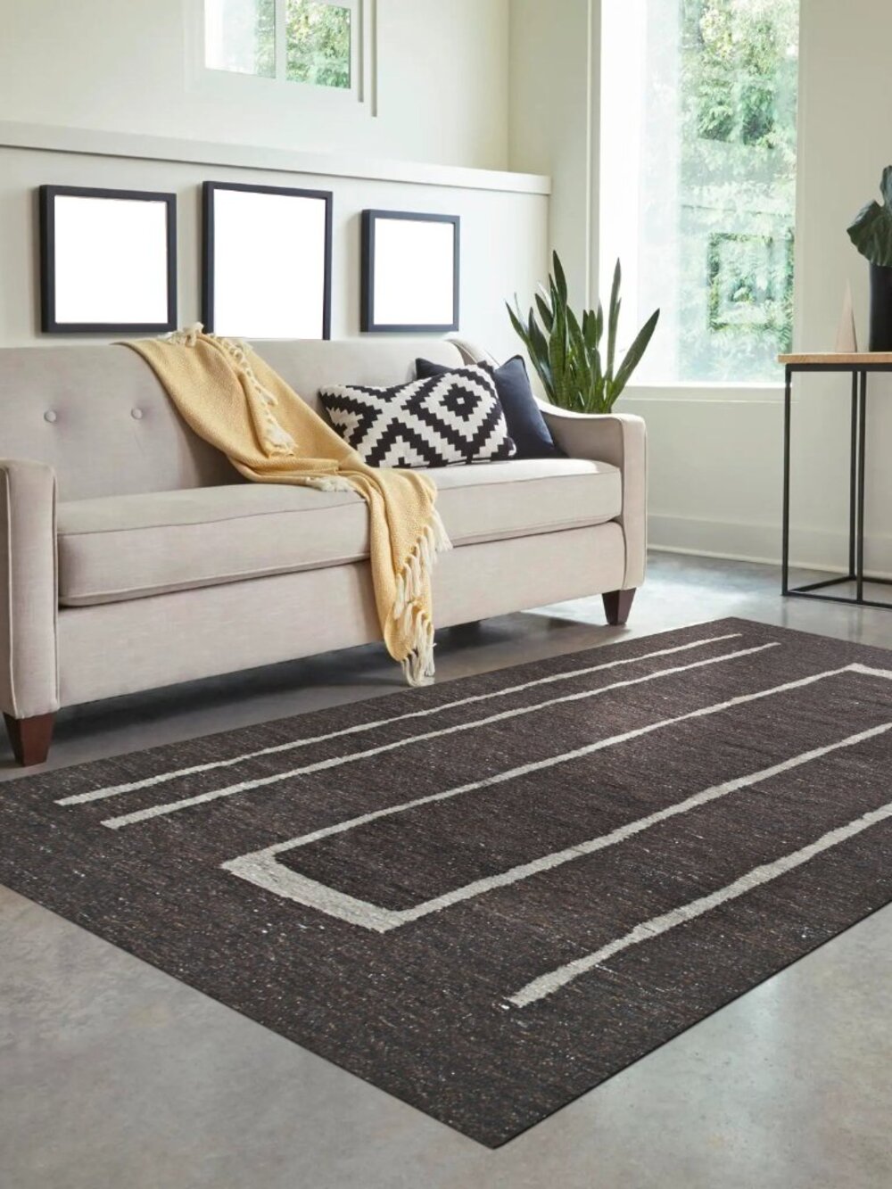 Brown Ivory Flatweave Wool Area Rug 4' x 6' Handmade Modern Minimal - Picture 4 of 5